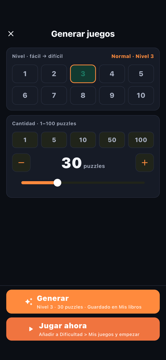 9×9 clásico — genera de 1 a 100 puzzles con cualquier dificultad